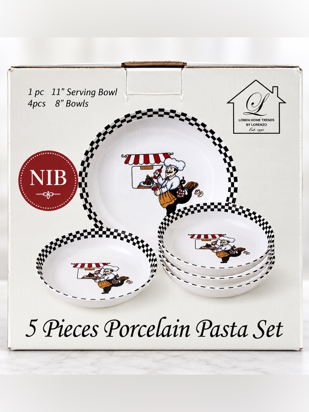 NIB - White and Black Check Chef Melamine Bowl Set